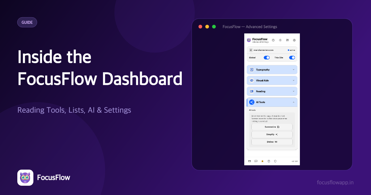 Inside the FocusFlow Dashboard: Reading Tools, Lists, AI & Settings