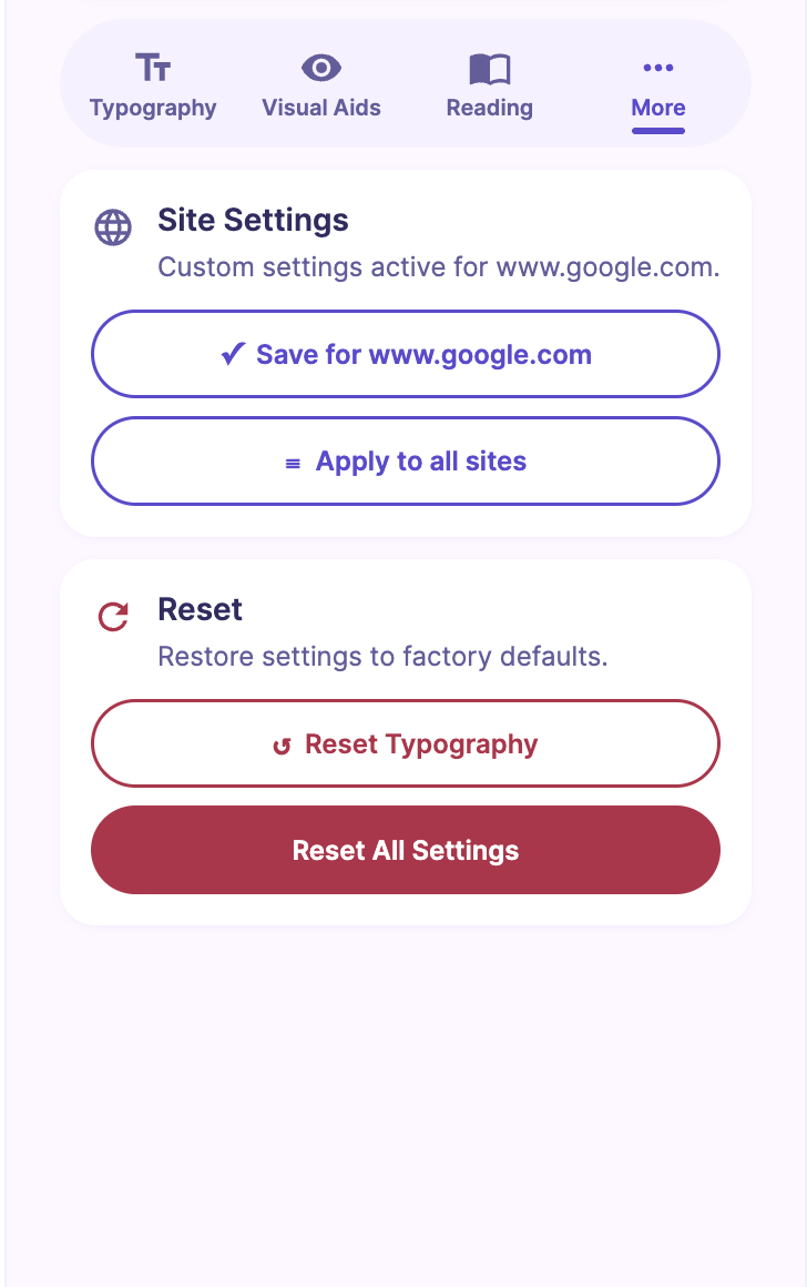 Screenshot of the More tab inside the FocusFlow Advanced Sidebar, with site settings, reset options, and keyboard shortcut references
