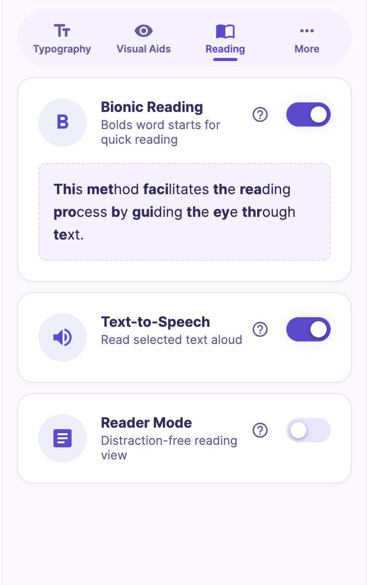 Screenshot of the Reading tab inside the FocusFlow Advanced Sidebar, with toggles for Bionic Reading, Text to Speech, and Reader Mode