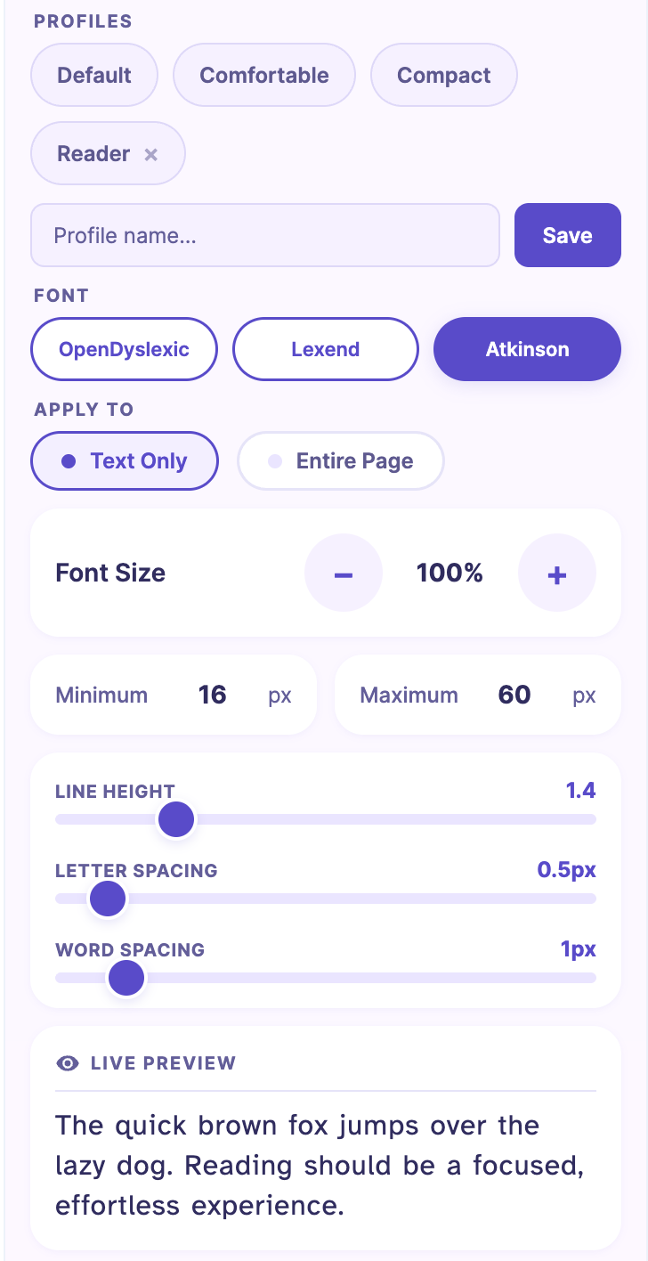 Screenshot of the Typography tab inside the FocusFlow Advanced Sidebar, showing profile cards, font picker, and size and spacing sliders