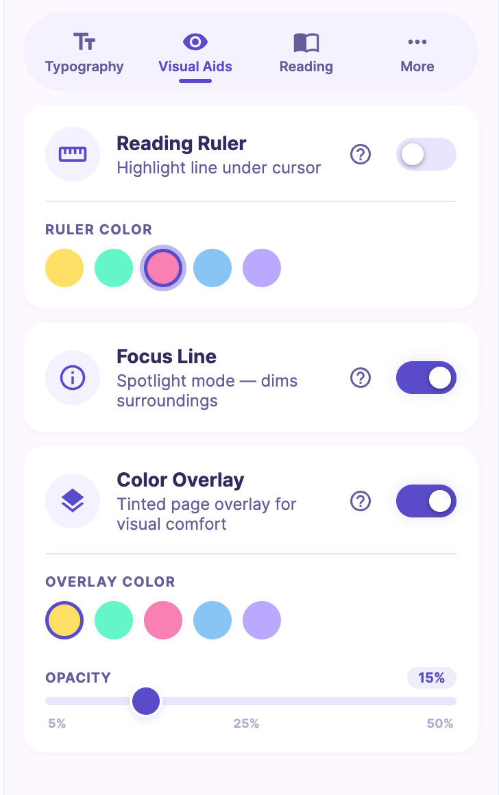 Screenshot of the Visual Aids tab inside the FocusFlow Advanced Sidebar, with controls for the reading ruler, focus line, and color overlay