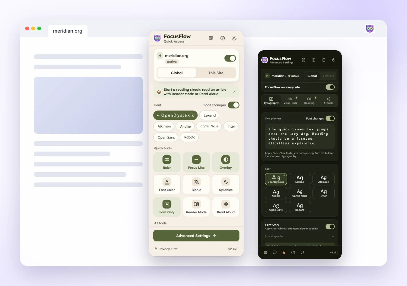 FocusFlow 2.13 in a browser: the Quick Access popup in the light theme and the side panel’s Typography tab in the dark theme